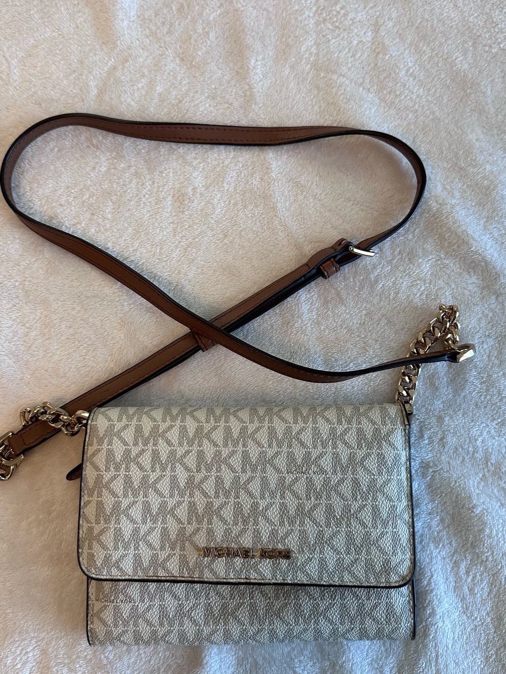 Michael Kors Beige Logo Crossbody with Brown Strap and Gold Chain
